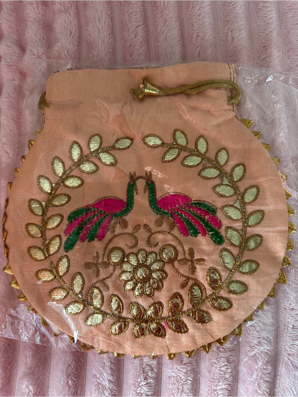Embroidered Peach Drawstring Pouch with Pink & Green Bird Motif